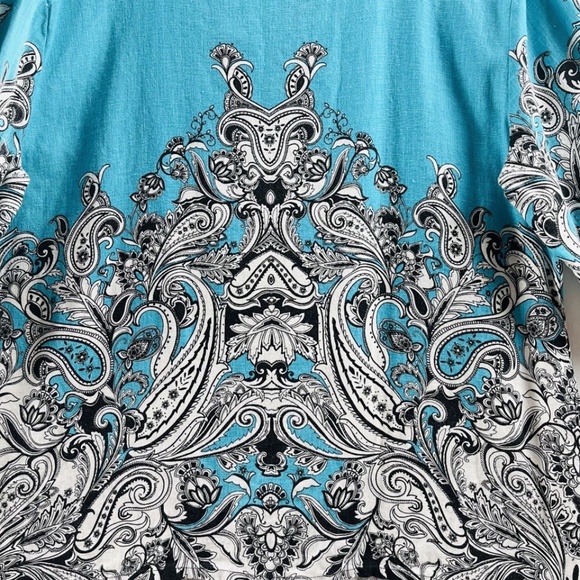 JM Collection Women's Linen Tunic Turqouise Paisley 3/4 Ruched Sleeve 2X - Picture 6 of 9